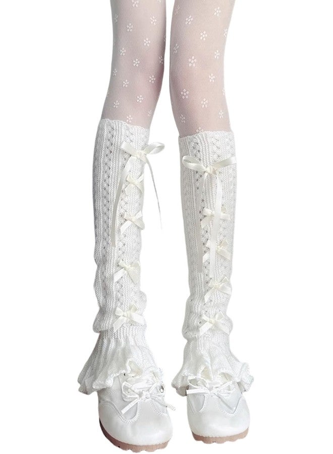 SherryDC Girl's Cute Knit Leg Warmers Kawaii Bowknot Ruffled Trim Knee High Leg Sleeve Socks Women - Image 1